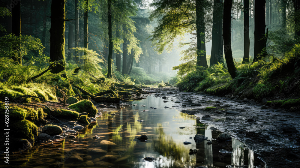 A serene forest scene at dawn, with a light mist covering the forest floor and a small stream winding its way through A serene forest scene at dawn, with a light mist covering the forest floor and a small stream winding its way through