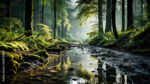 A serene forest scene at dawn  with a light mist covering the forest floor and a small stream winding its way through