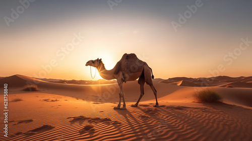photograph of silhouette of a camel in the desert Dubai  United Arab Emirates  beautiful sky at sunrise wide angle lens realistic sunlight generative ai