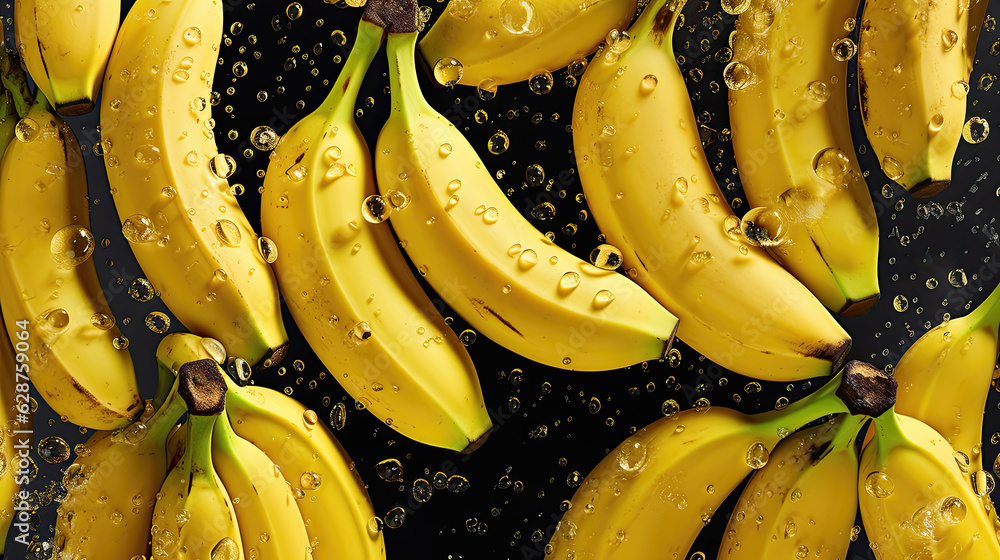 bananas on the water, fresh bananas seamless background, adorned with glistening droplets of water. Top down view.