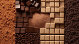 photograph of Top view of Composition of bars and pieces of different milk and dark chocolate, grated cocoa on a brown background macro lens realistic natural lighting,Generative ai