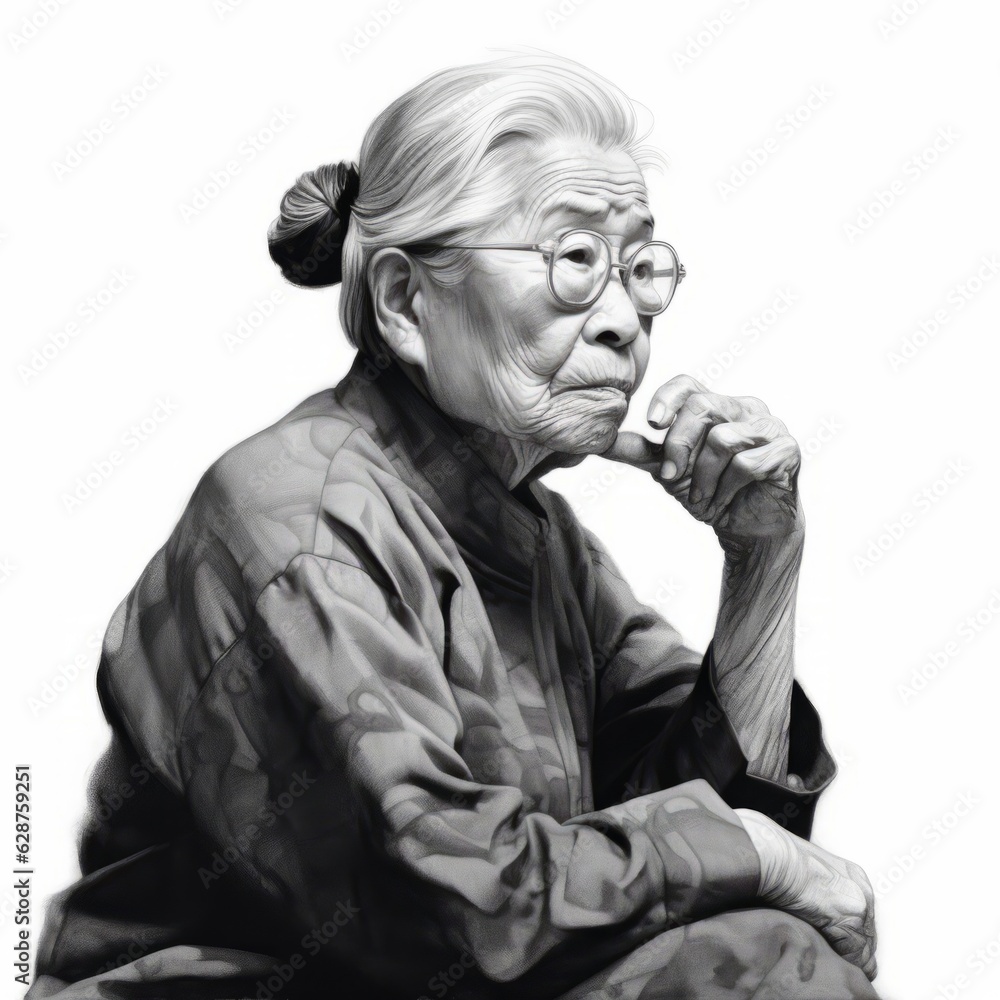 Asian old woman in thinking and doubts monochrome illustration. Female character with dreamy face on abstract background. Ai generated black and white sketch poster.