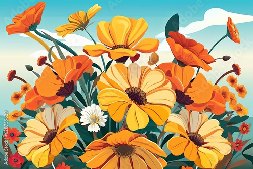 Colorful Vibrant Hand Drawn Radiant Unique Flowers Graphic Illustration Art