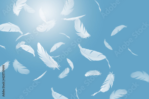 Abstract White Bird Feathers Falling in The Sky. Feathers Floating in Heavenly. 