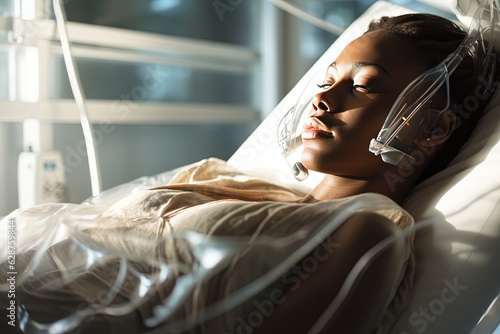 African woman sleep on futuristic medical treatment be in hospital, Generative Ai