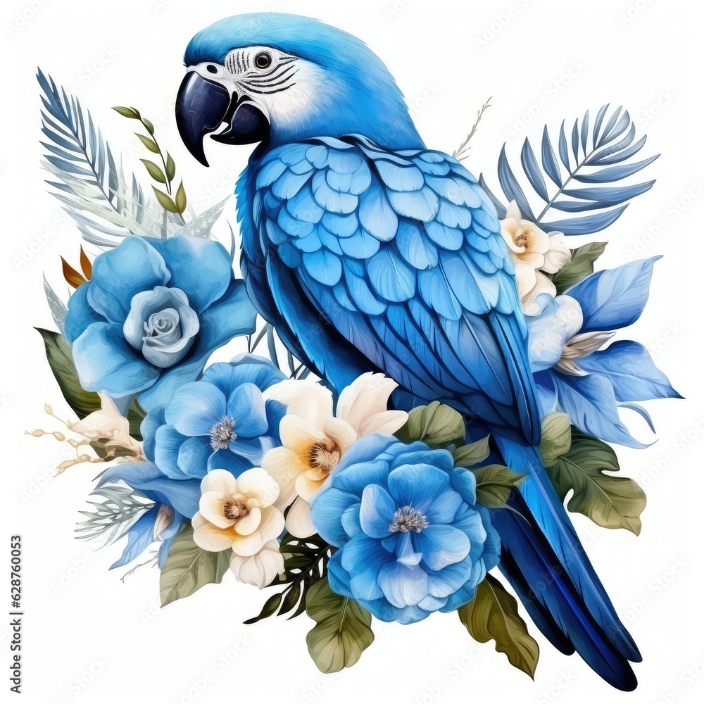 Obraz premium watercolor parrot in tropical leaves isolated on white, AI Generated