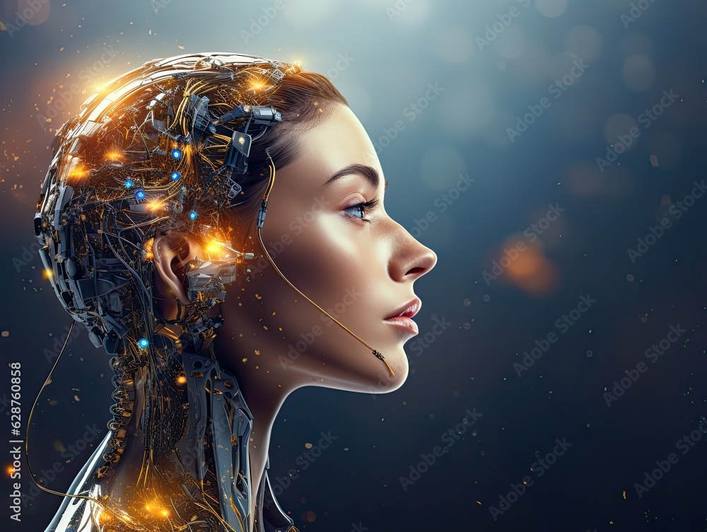 the cyborg woman face and abstract elements, AI Technology concept