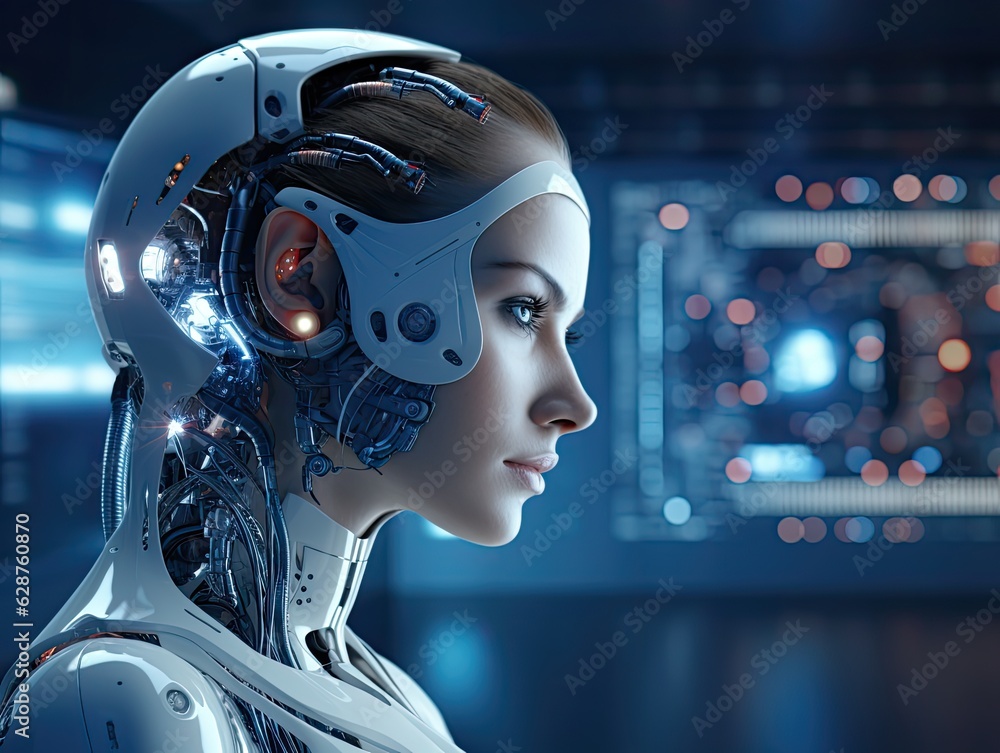 the cyborg woman face and abstract elements, AI Technology concept the cyborg woman face and abstract elements, AI Technology concept