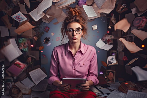 Stressed young business woman looking up surrounded by post-its in the office. photo