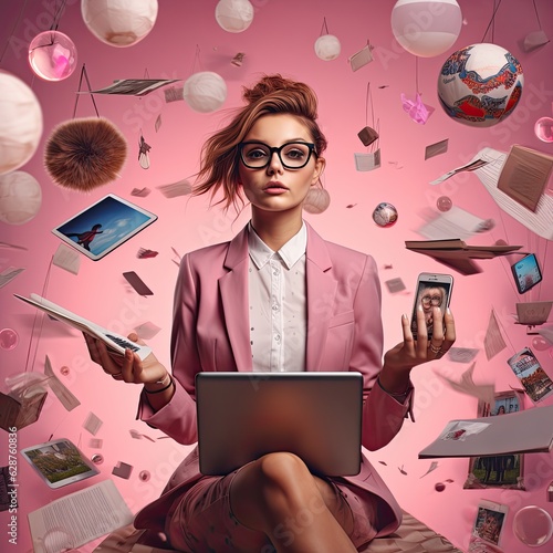 Stressed young business woman looking up surrounded by post-its in the office. photo