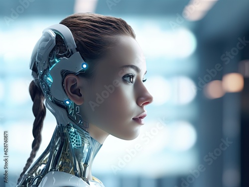 the cyborg woman face and abstract elements, AI Technology concept