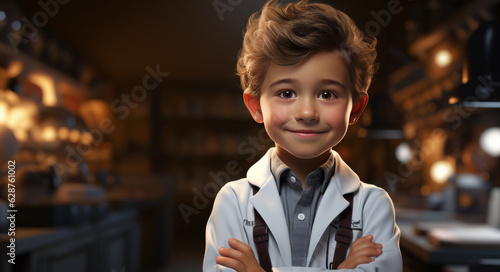 full body portrait, cute hyperrealistic boy, arms crossed, wearing doctor clothes, bright background, studio lighting.generative ai
