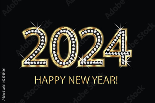 Happy new year 2024 gold diamonds and bling bling vector image partying invitation card graphic illustration image design background template.  Holiday celebration event
