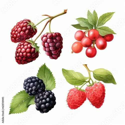 watercolor set of fresh berries isolated on white, AI Generated