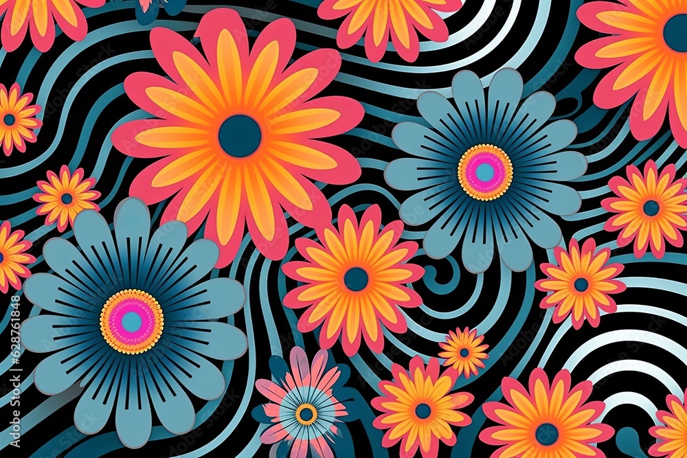 Naklejka premium Colorful Vibrant Hand Drawn Unique Flowers Graphic Illustration Background