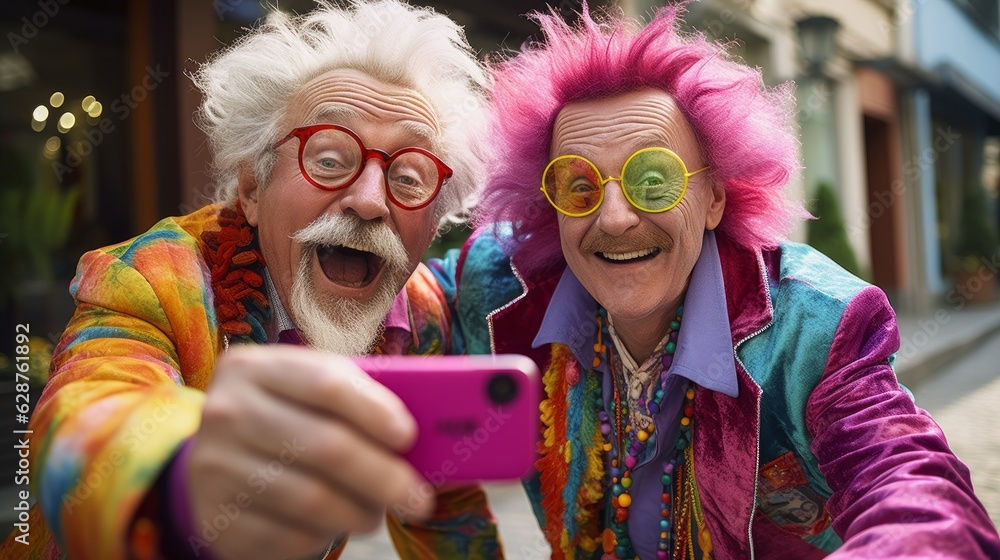 Bright elderly people humorously try to take a selfie with a phone. A lively and carefree moment of entertainment and technology among the elderly. Generative AI