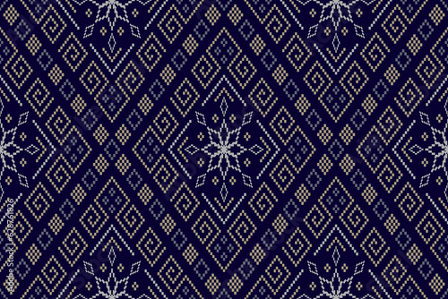 Indigo navy blue geometric traditional ethnic pattern Ikat seamless pattern border abstract design for fabric print cloth dress carpet curtains and sarong Aztec African Indian Indonesian 