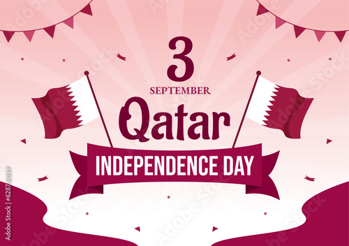Happy Qatar Independence Day Vector Illustration on 3 September with Waving Flag Background in Flat Cartoon Hand Drawn Landing Page Templates