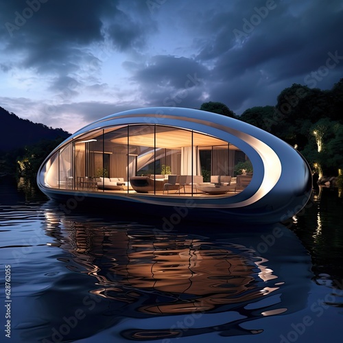 A breathtaking cyberpunk floating house