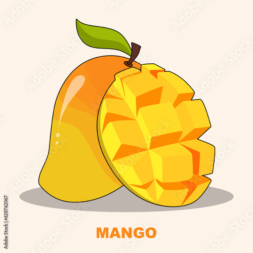 Vector illustration mango ripe yellow whole and slice mango cubes with leaf isolated on soft yellow color background. Summer fruits for healthy lifestyle. Cartoon style fruit for any design.