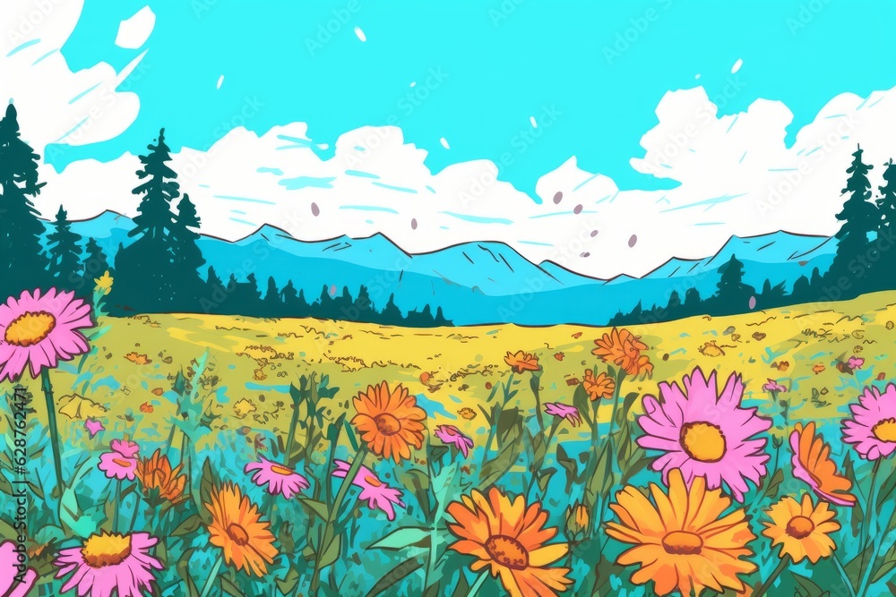 Colorized Drawing of a Countryside Flower Meadow Colorized Drawing of a Countryside Flower Meadow