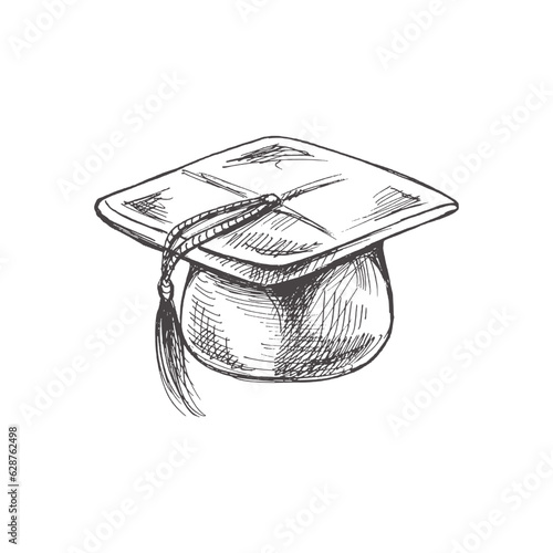 Vector hand-drawn school and office supplies Illustration. Detailed retro style graduate's hat sketch. Vintage sketch element. Back to School. School essential illustration. Desktop.