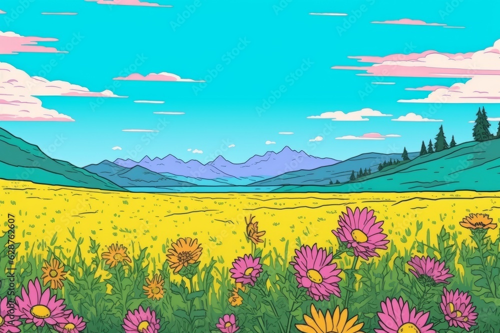 Colorized Drawing of a Countryside Flower Meadow