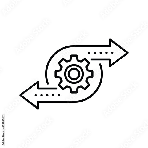 operation process or workflow with gear. flat outline trend modern simple recycle or execute logotype graphic art design element isolated on white. concept of solution realization or financial engine