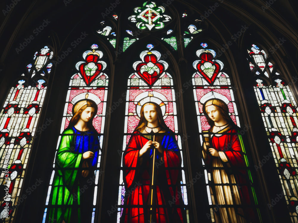 Digital photo of a Gothic medieval stained glass window in a Catholic church.