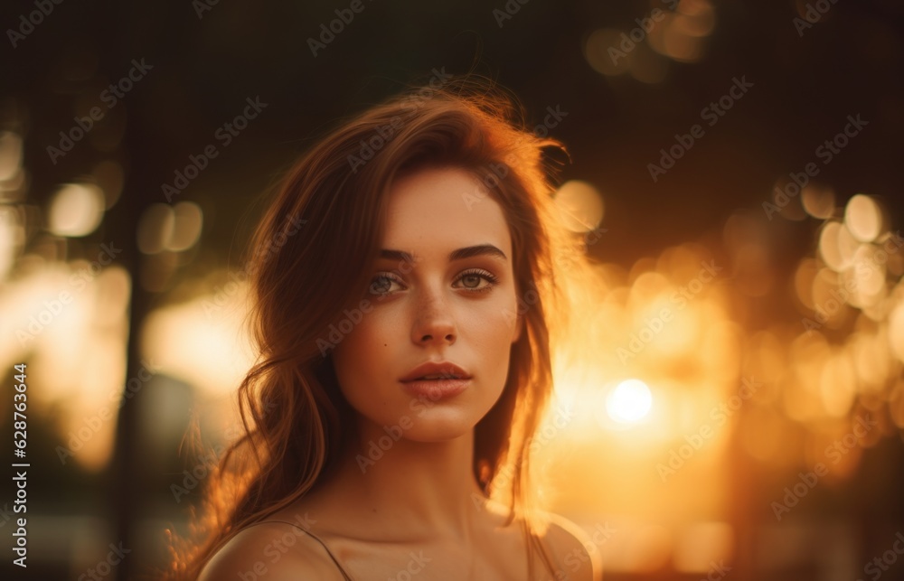 Portrait of a beautiful woman at sunset. Generative AI