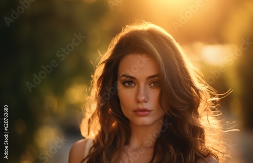 Portrait of a beautiful woman at sunset. Generative AI