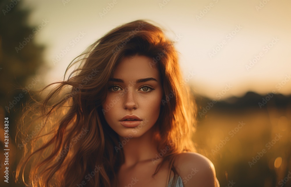 Portrait of a beautiful woman at sunset. Generative AI
