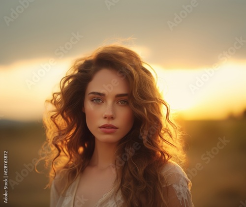 Portrait of a beautiful woman at sunset. Generative AI © ColdFire