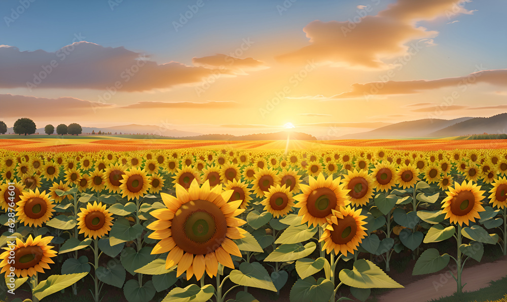 Obraz premium Rural landscape with field sunflowers, farm, fields, meadows and forests in the background. sunset rural landscape painting with golden sunflower field. The warm light of a sunset.
