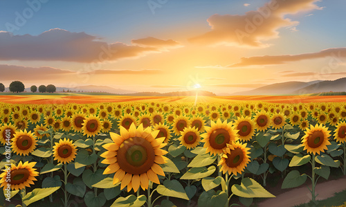 Rural landscape with field sunflowers  farm  fields  meadows and forests in the background. sunset rural landscape painting with golden sunflower field. The warm light of a sunset.