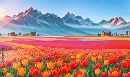 Rural landscape with field colorful tulips, farm, Banner Field of spring flowers tulips in mountains lit by morning sun illustration. The warm light of a sunset and the color of the hill.