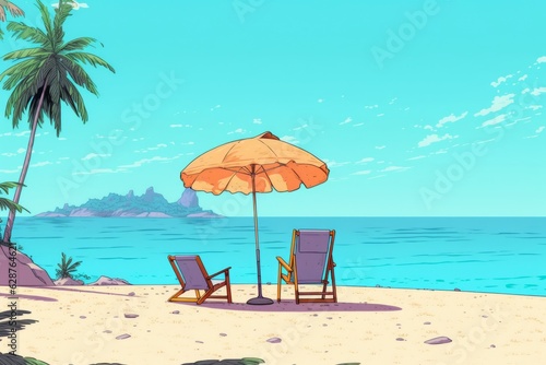 Colorized Drawing of a Tropical Summer Beach