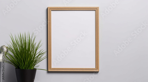  an empty square frame mockup hanging on a white wall © Jhati