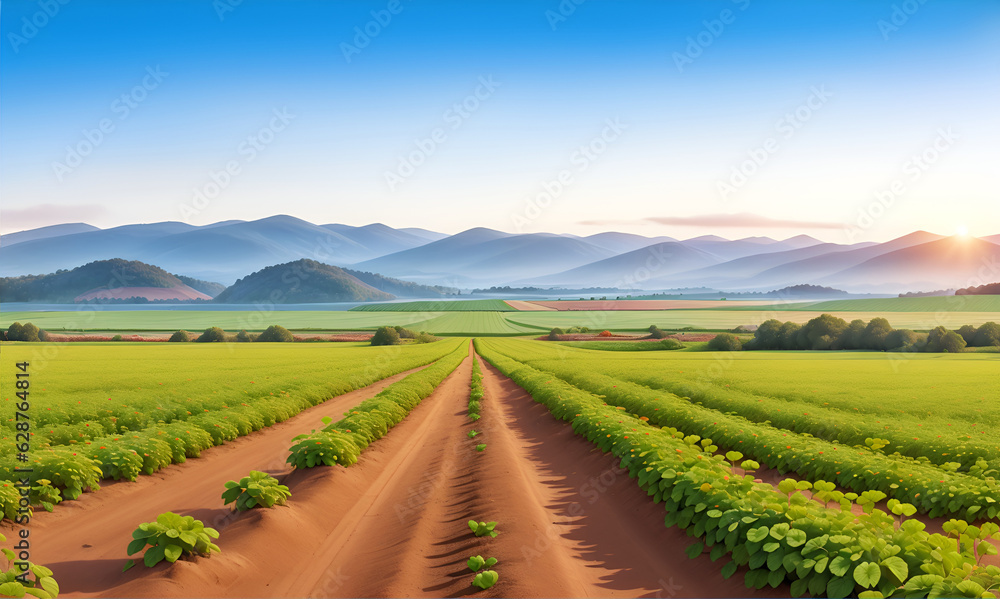 Landscape farm with Strawberry field in the morning, a beautiful summer garden with a strawberry meadow and sunset. Berry Cultivation Farming Illustration. Ripe Strawberries, Fruits Harvest