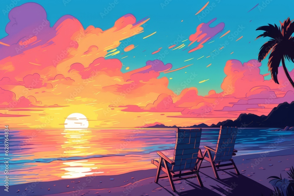 Colorized Drawing of a Tropical Twilight Beachscape Colorized Drawing of a Tropical Twilight Beachscape