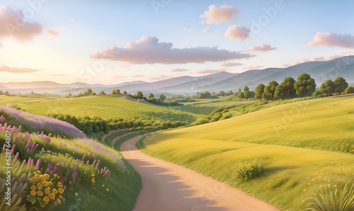 Spring landscape morning in valley with green meadow on hills, orang and blue sky, Spring panorama forest view by the dirt road, Countryside with green field, wild flowers and sunset. 