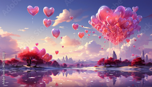 Valentine's day background with heart shaped balloons over blue sky