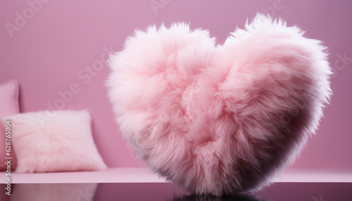 Pink fluffy heart on a pink background. Valentine's day concept. Heart decoration with copy space