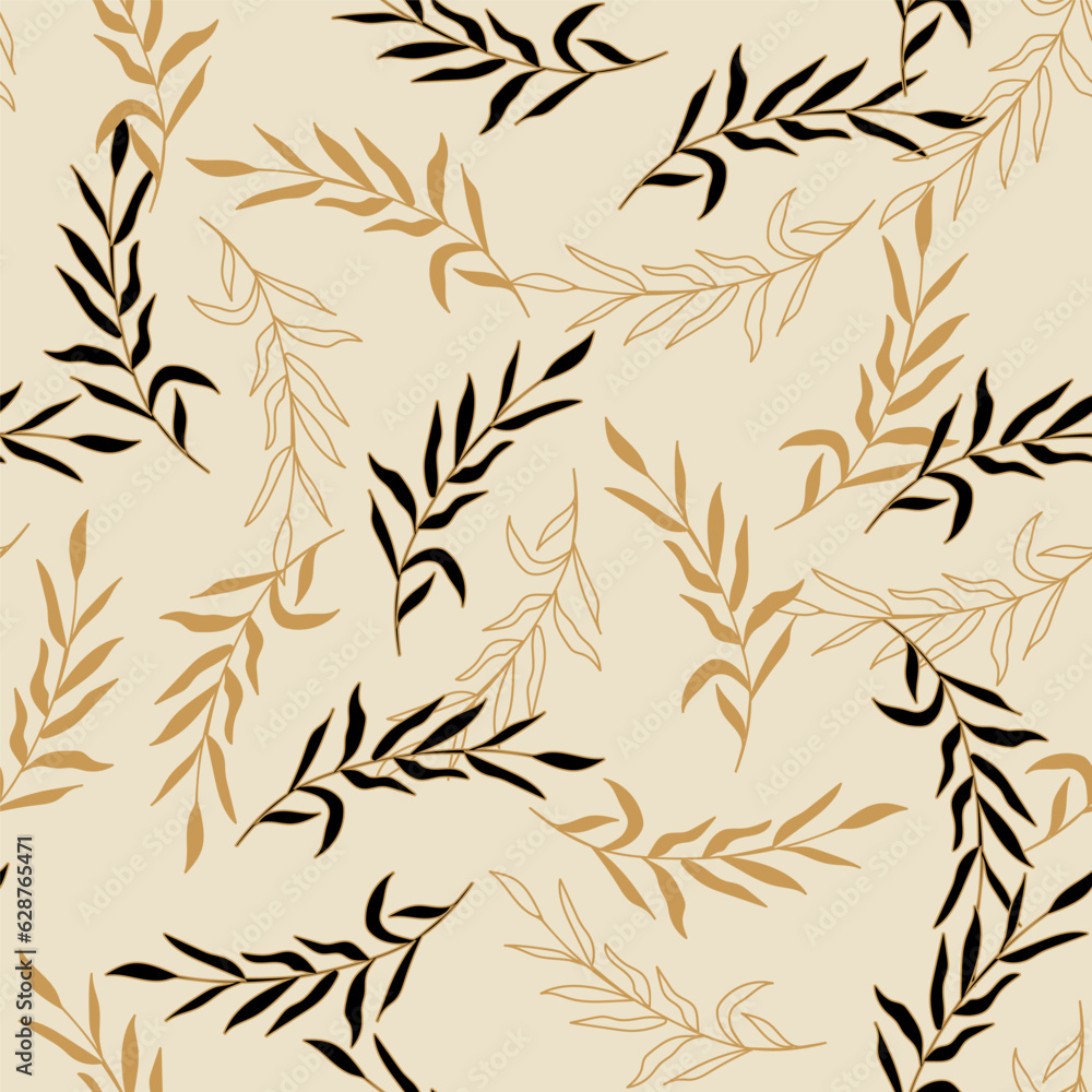 Obraz premium Black branches with leaves. Vector illustration. Seamless pattern