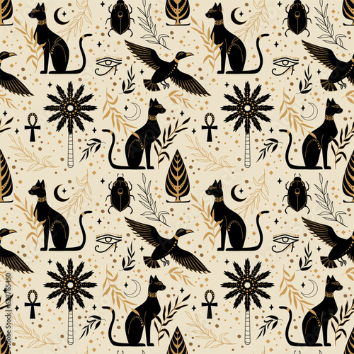 Ancient Egypt cat, duck, symbol. Vector illustration. Seamless pattern
