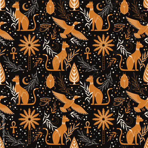 Ancient Egypt cat, duck, symbol. Vector illustration. Seamless pattern