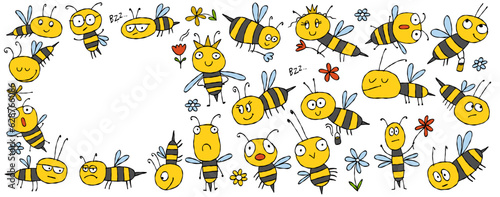 Funny Bees family. Beehive for your design. Horizontal banner with place for text © Kudryashka