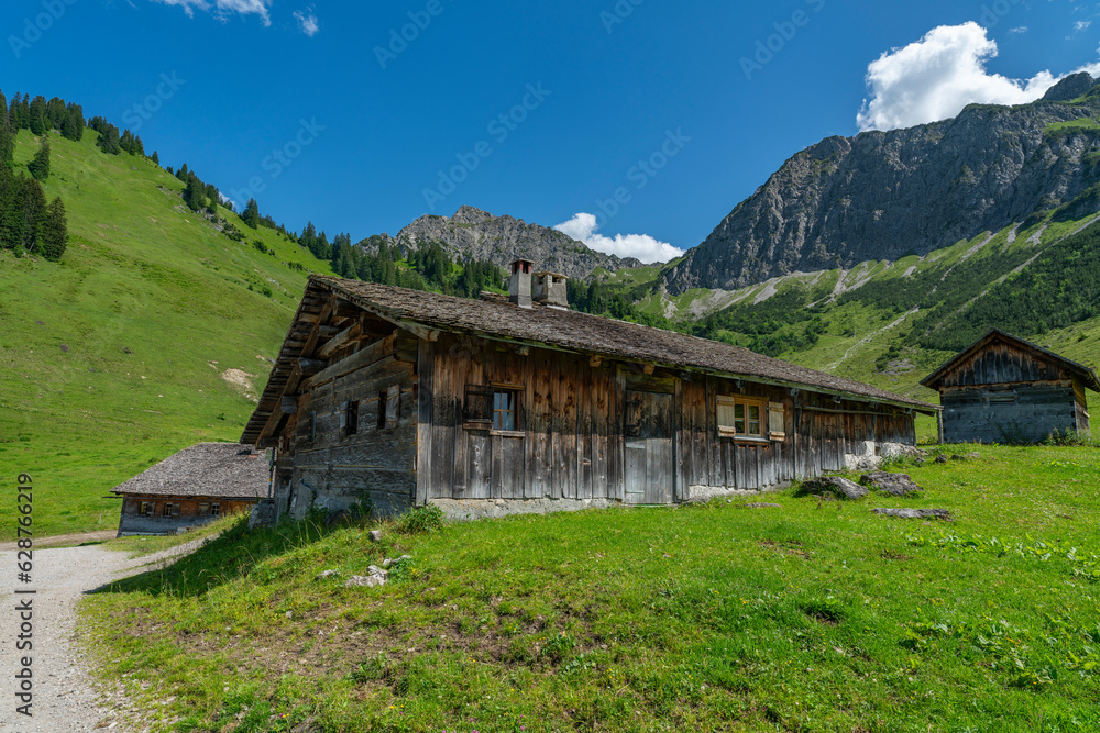 Holzhaus auf der Alpe Steris im Grosswalsertal, Vorarlberg, mit steilen Bergwiesen, Wald und Bergen im Hintergrund, Dorf am Abhang auf einer Hochebene in Österreich