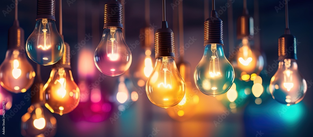 abstract banner background of electric light bulbs hanging glow light, Generative Ai abstract banner background of electric light bulbs hanging glow light, Generative Ai