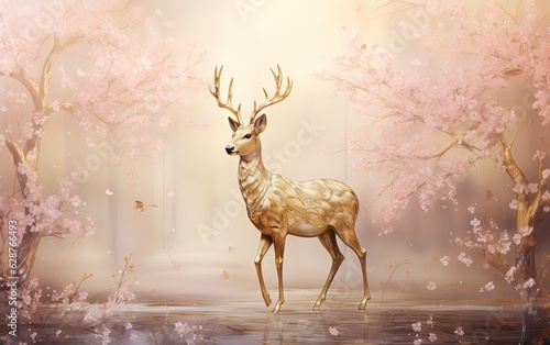 stag with golden antler walking in fairytale forest full of pink flower tree blossoming, Generative Ai